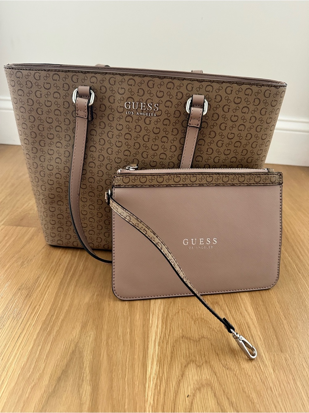 GUESS Taupe Monogram Tote with Matching Wristlet